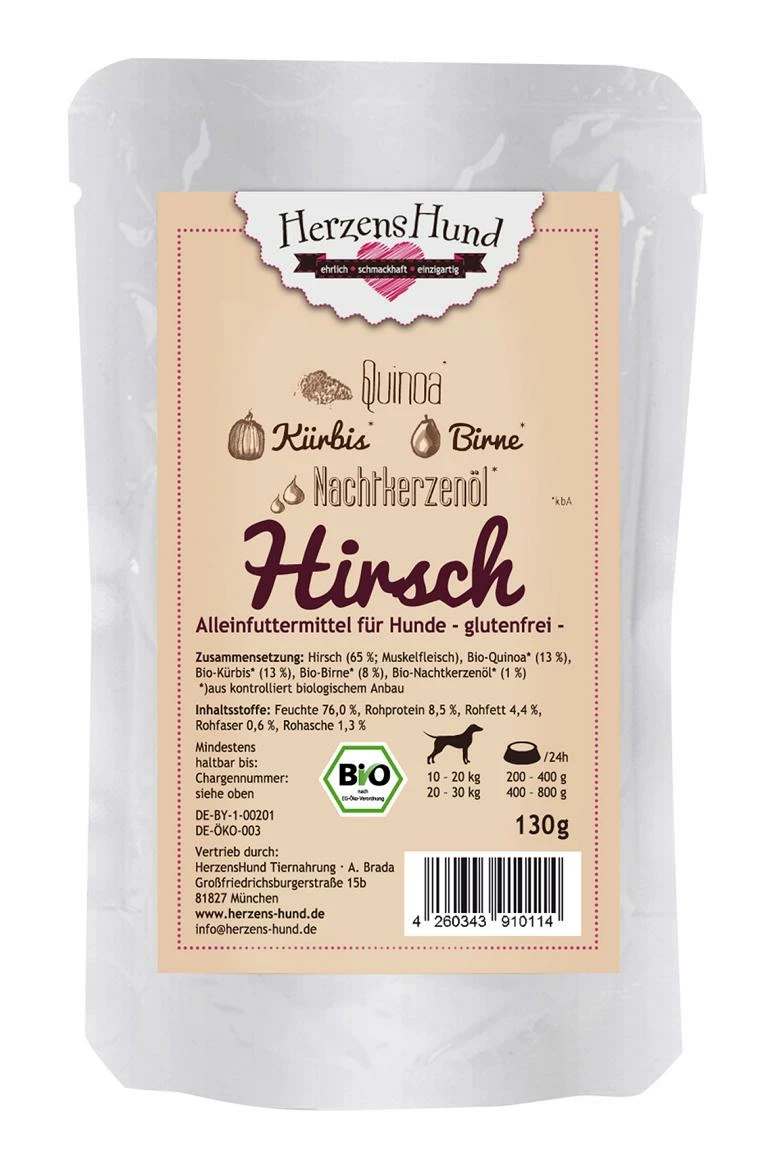 Herzenshund Hirsch M. Bio Quinoa | 15x 130g Hundenassfutter